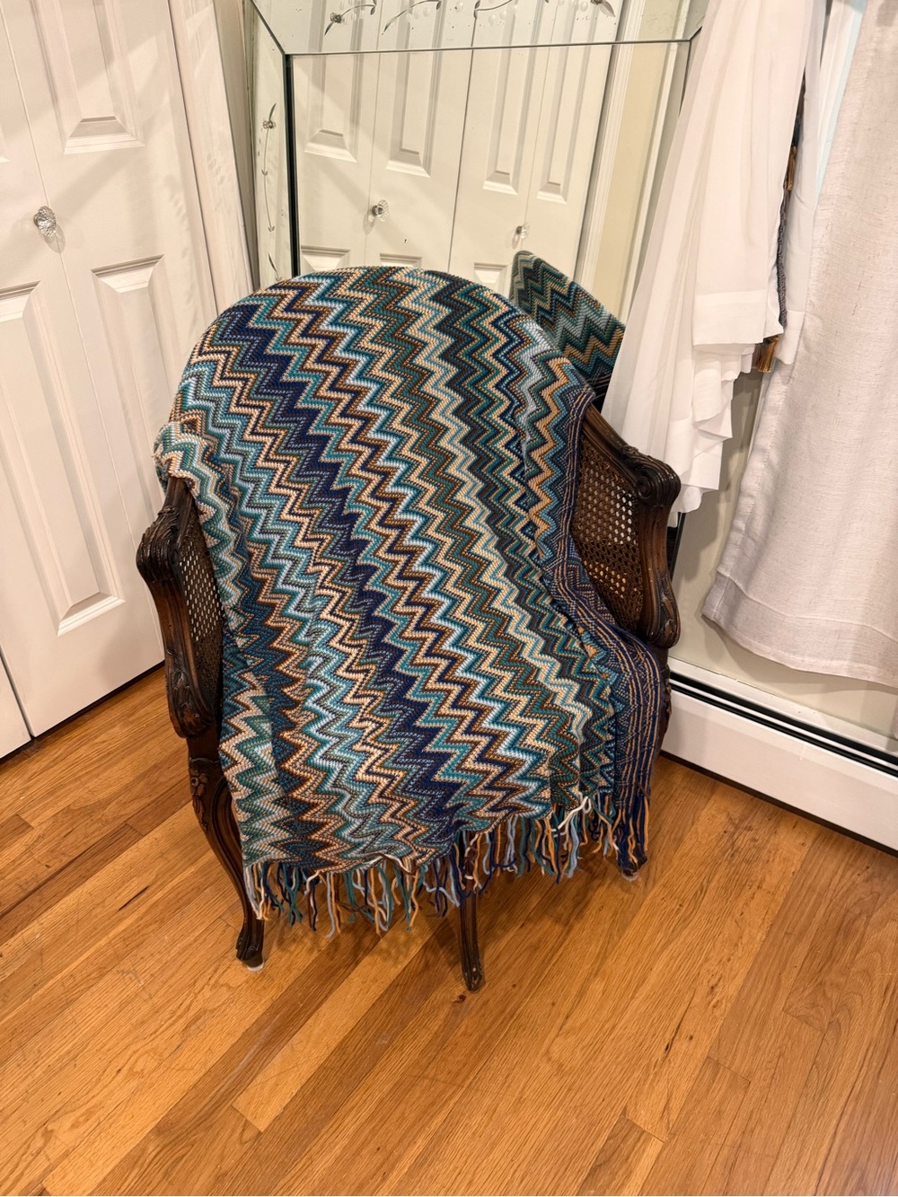 Chevron Woven Throw Blanket in Teal, Navy & Brown. Acrylic.